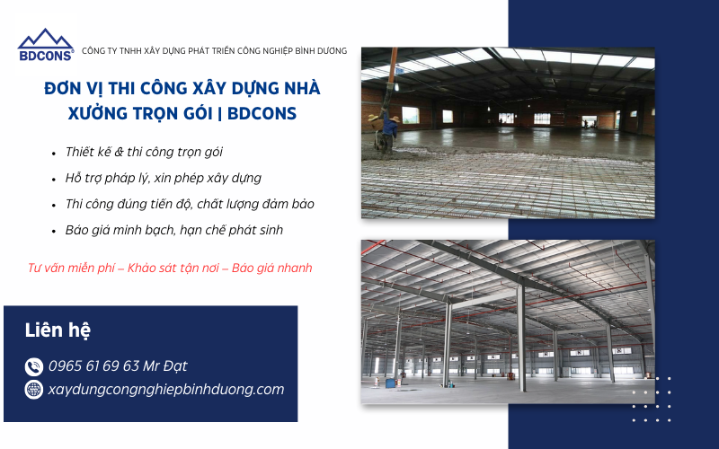 Đơn vị thi công xây dựng nhà xưởng trọn gói BDCONS
