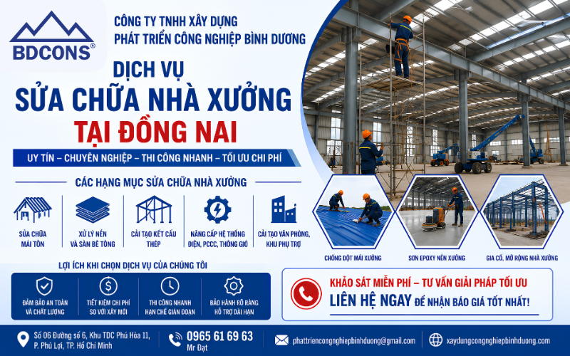 Dịch vụ sửa chữa nhà xưởng tại Đồng Nai uy tín – BDCONS