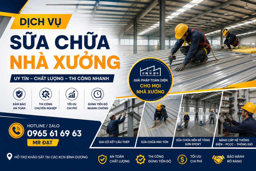 Dịch vụ sửa chữa nhà xưởng tại Bình Dương chuyên nghiệp, thi công nhanh chóng