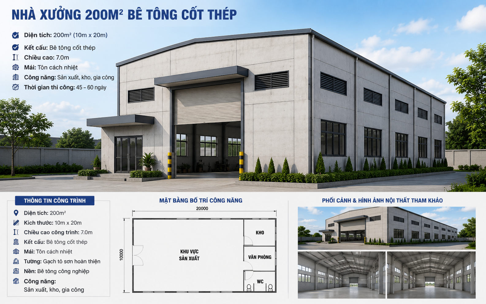 Thiết kế nhà xưởng 200m2 bê tông cốt thép