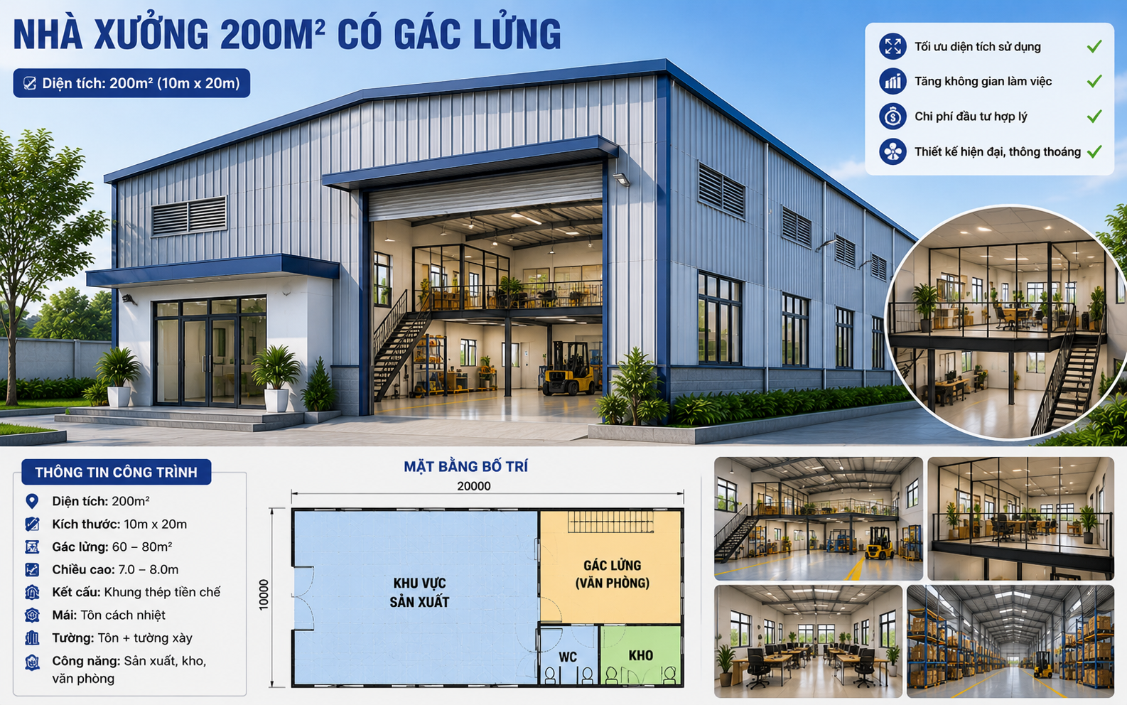 Thiết kế nhà xưởng 200m2 có gác lửng tối ưu công năng và chi phí