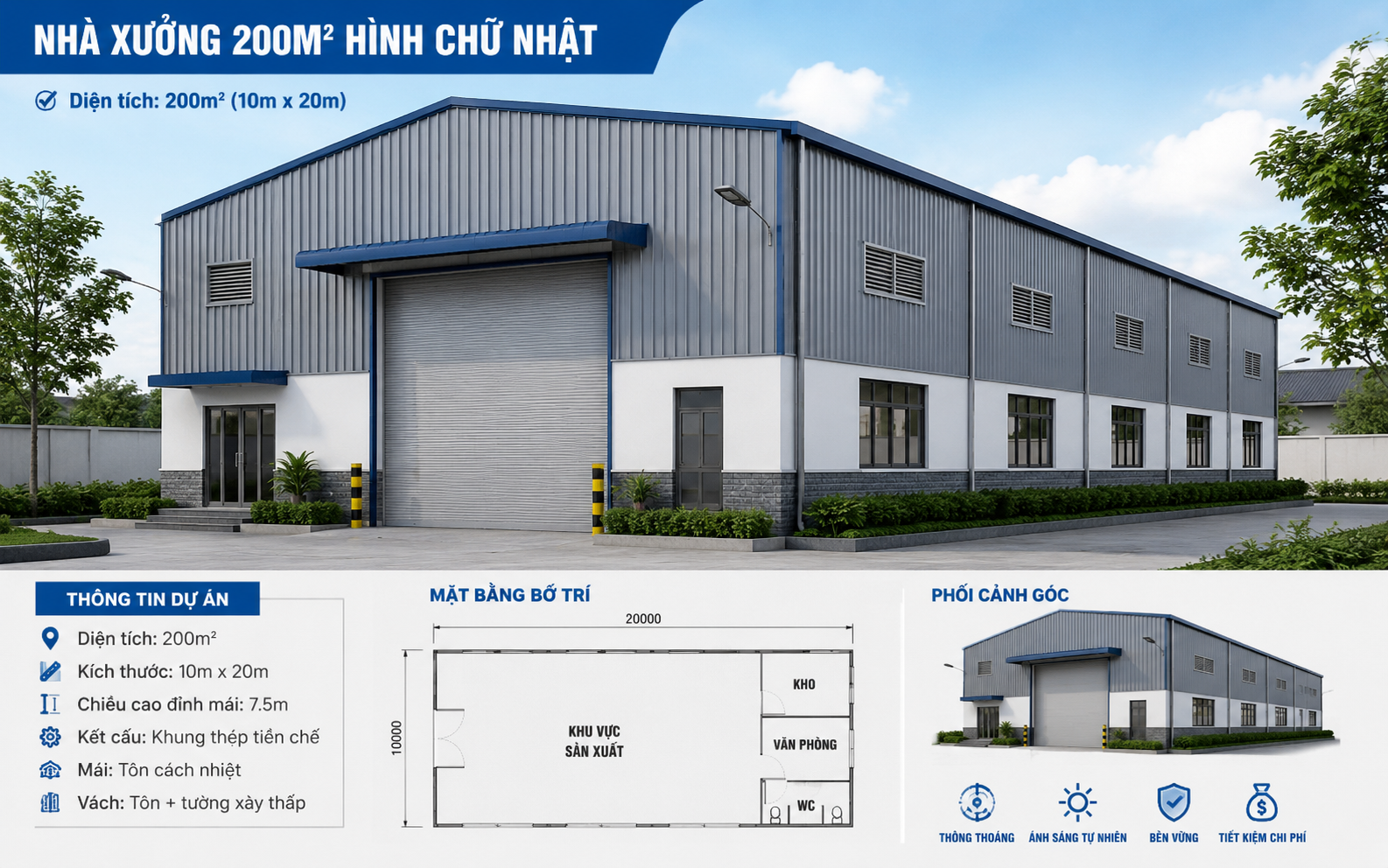 Thiết kế nhà xưởng 200m2 hình chữ nhật tối ưu công năng và chi phí