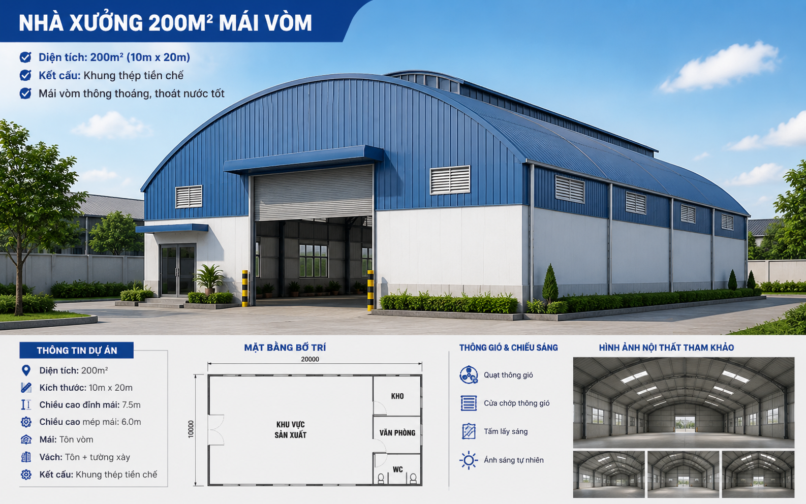 Thiết kế nhà xưởng 200m2 mái vòm khung thép tiền chế